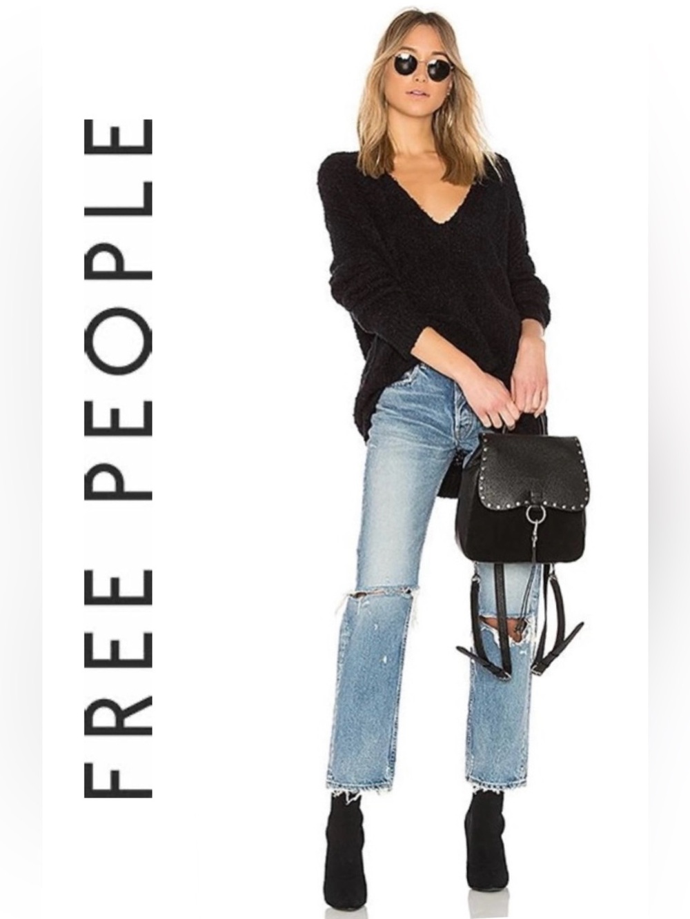 Free People Black Lofty V-Neck Oversized Alpaca Blend Sweater Women’s Sz S